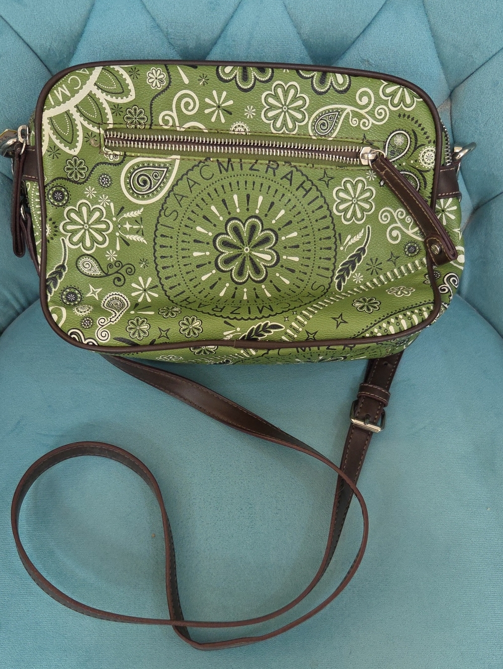 Isaac Mizrahi Green Paisley Crossbody with Brown Strap